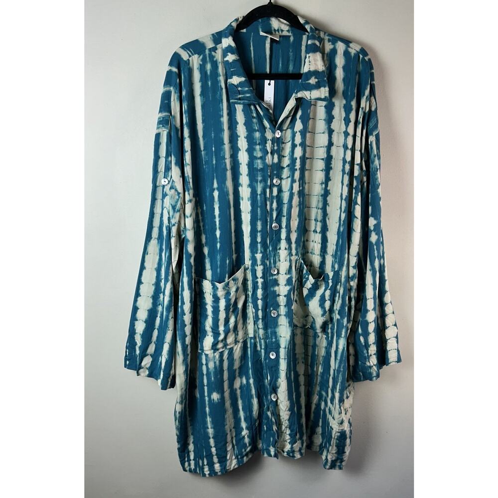 Style Park 1 Bali Tie Dye Button Up Teal Oversized O/S Robe Coverup Relaxed